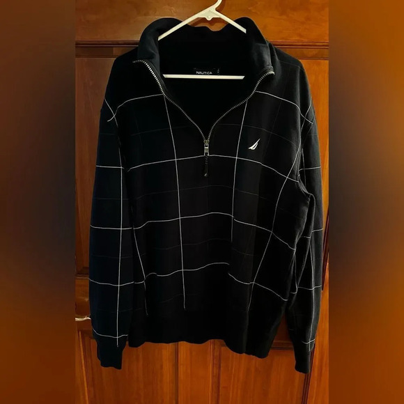 Nautica Mens Dark Blue Windowpane 1/3 Zip Neck Pullover Cotton Blend size xl - Picture 2 of 4